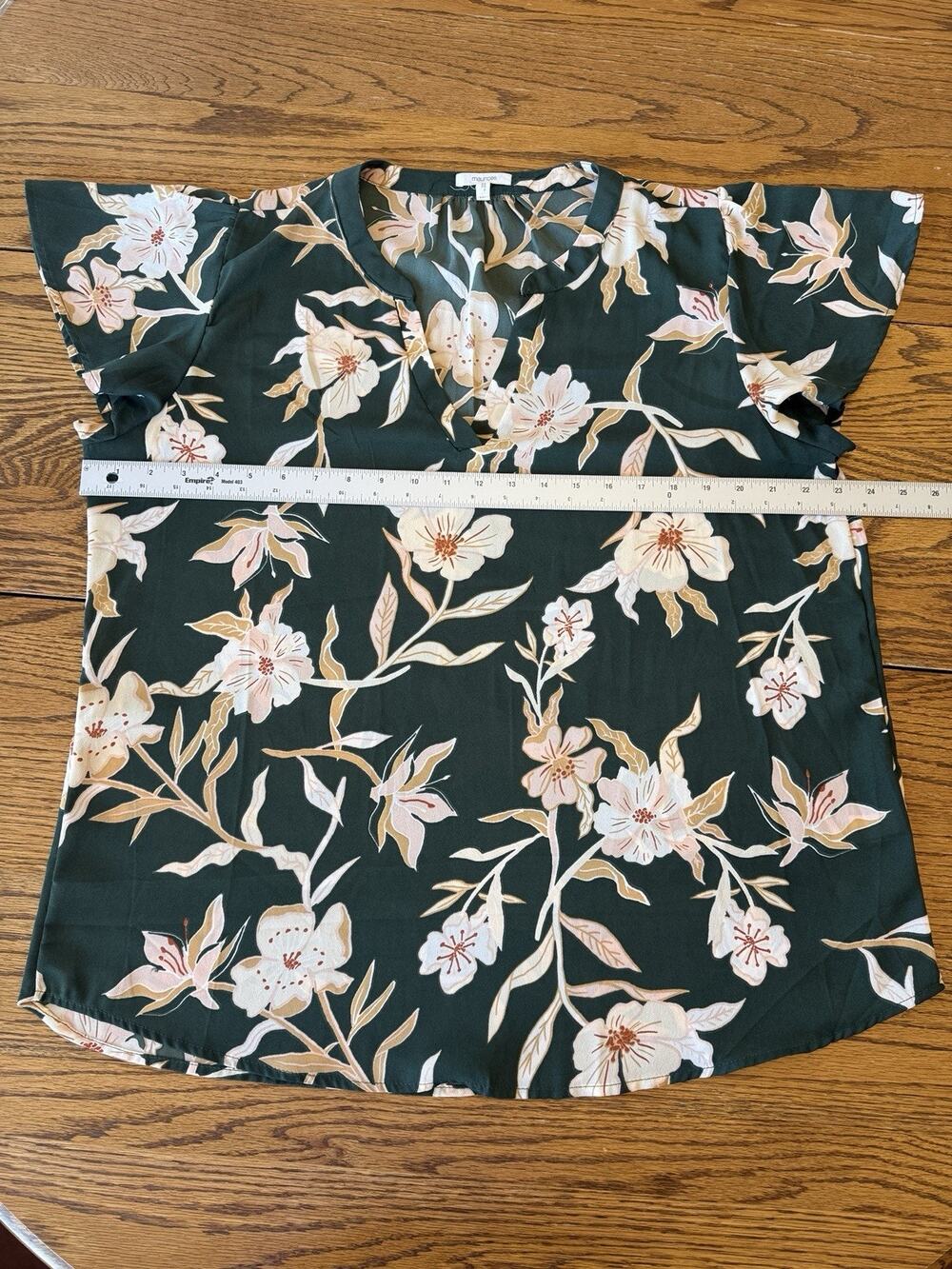 Maurice’s Olive Floral top Flutter Sleeve V Neck